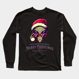 Print Design Christmas Alien Santa Believes Too - Christmas Alien Design Long Sleeve T-Shirt